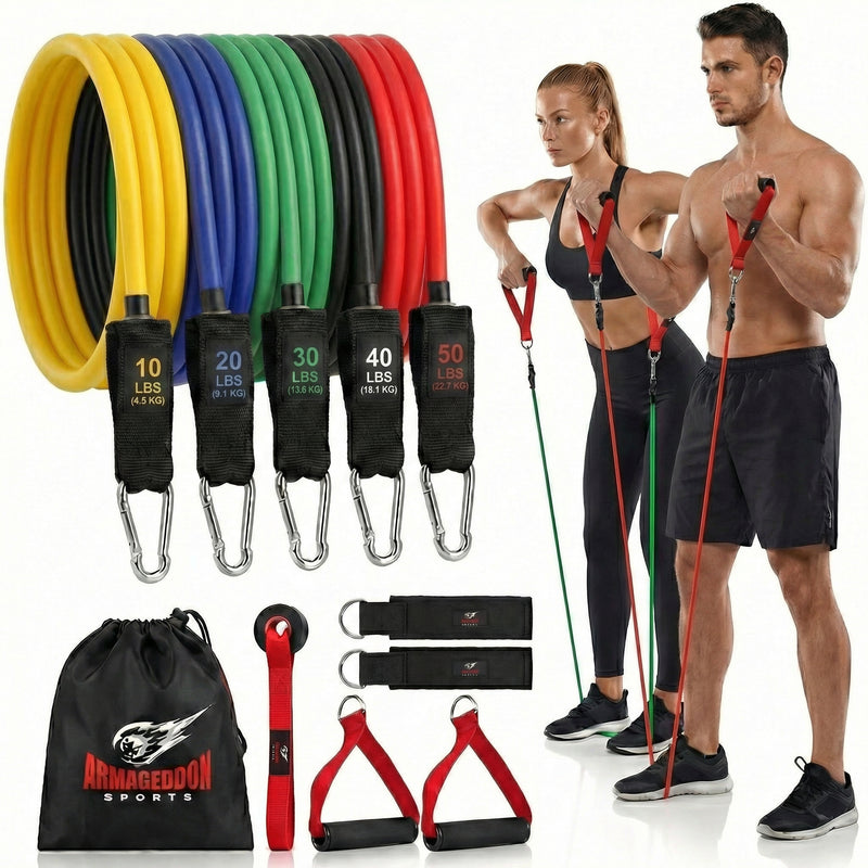 Resistance Exercise Bands Set (11pcs) with Handles, Door Anchor Workout Portable Home Gym Accessories - Stackable Up to 150 lbs