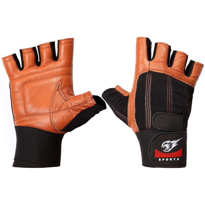 Premium Weight Lifting Gloves Brown Leather with Wrist Support by  Armageddon Sports